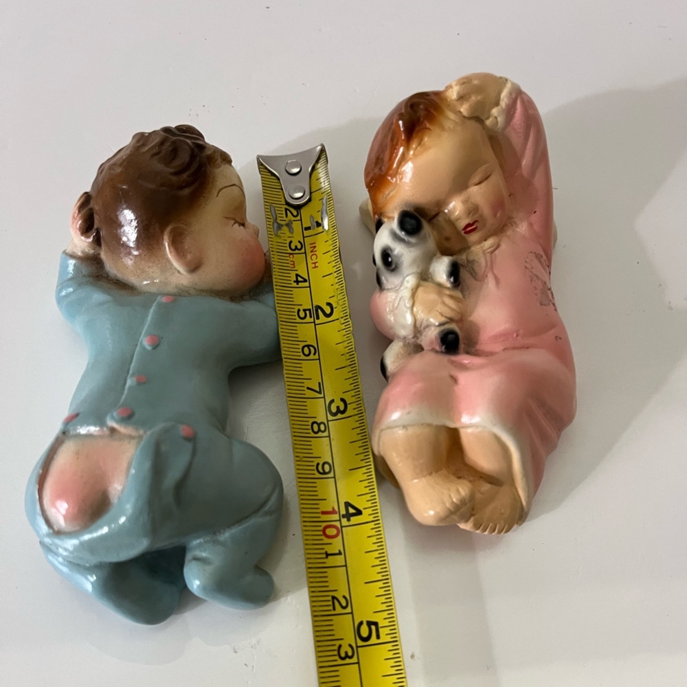 Vintage 1940’s Chalkware babies, set of two a boy and girl sleeping